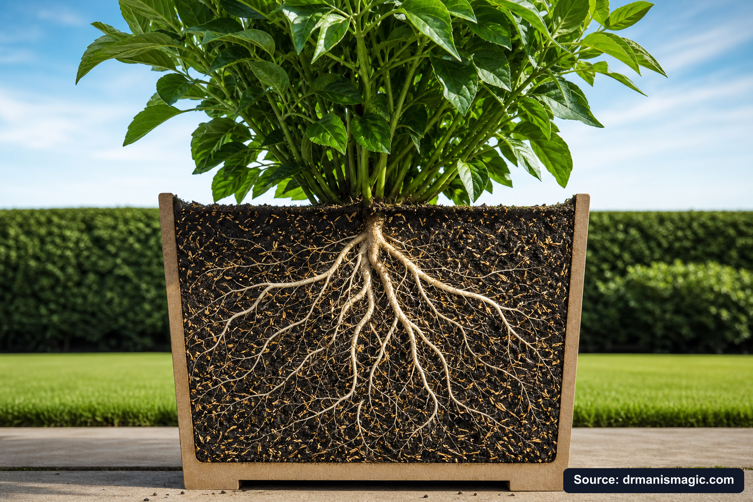 Cutaway of a container showing healthy white roots in airy mineral soil