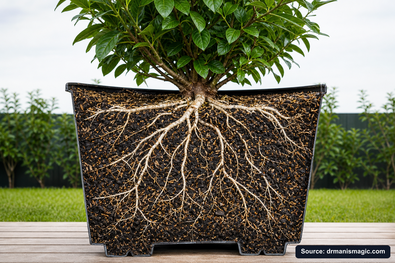 Cutaway of a container showing healthy white roots in airy mineral soil