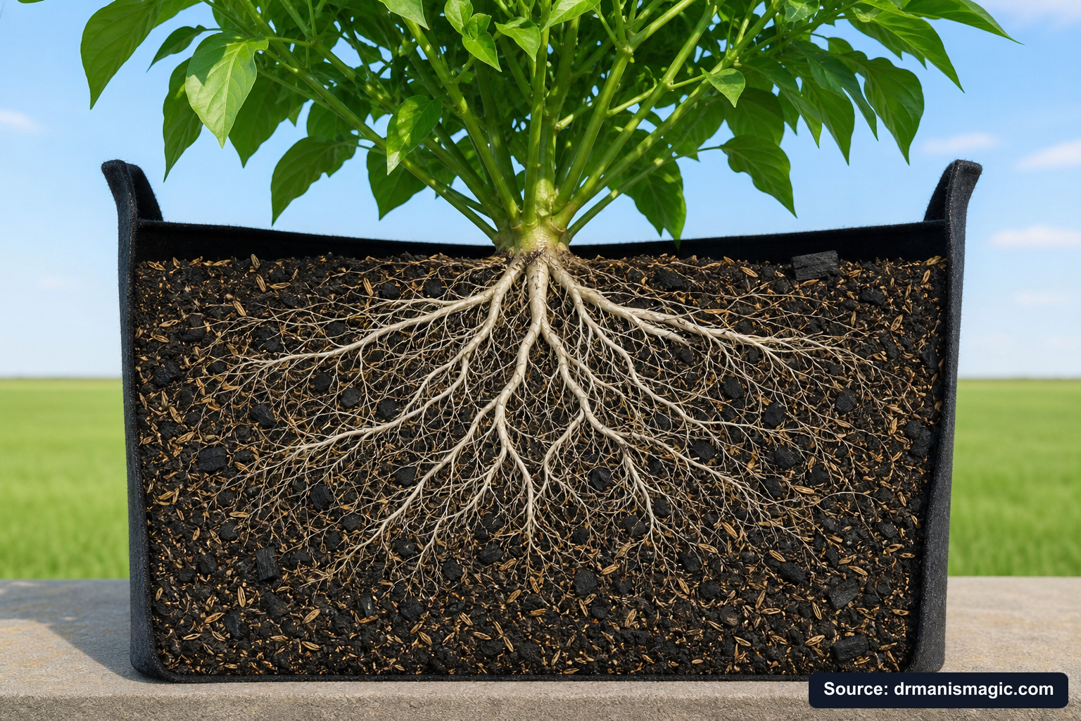 Cutaway of a container showing healthy white roots in airy mineral soil