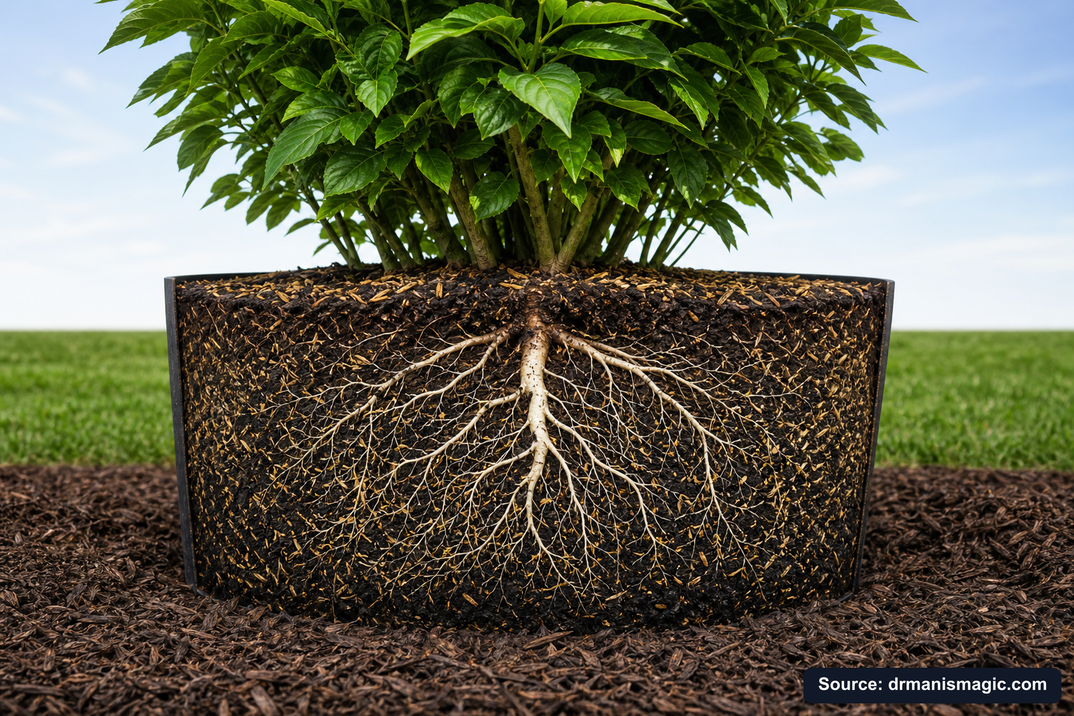 Cutaway of a container showing healthy white roots in airy mineral soil