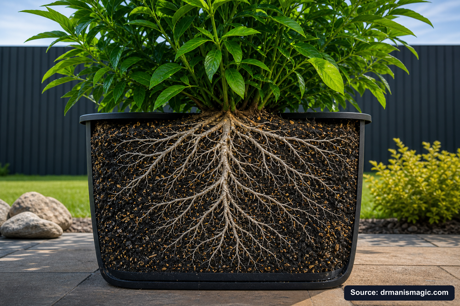 Cutaway of a container showing healthy white roots in airy mineral soil