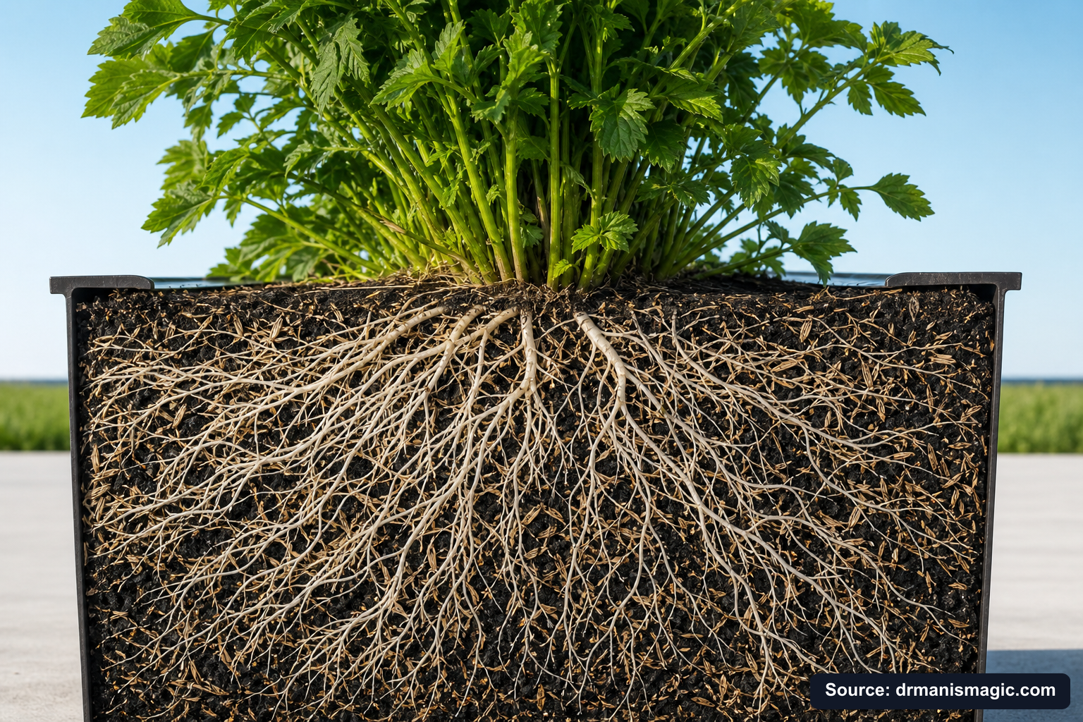 Cutaway of a container showing healthy white roots in airy mineral soil