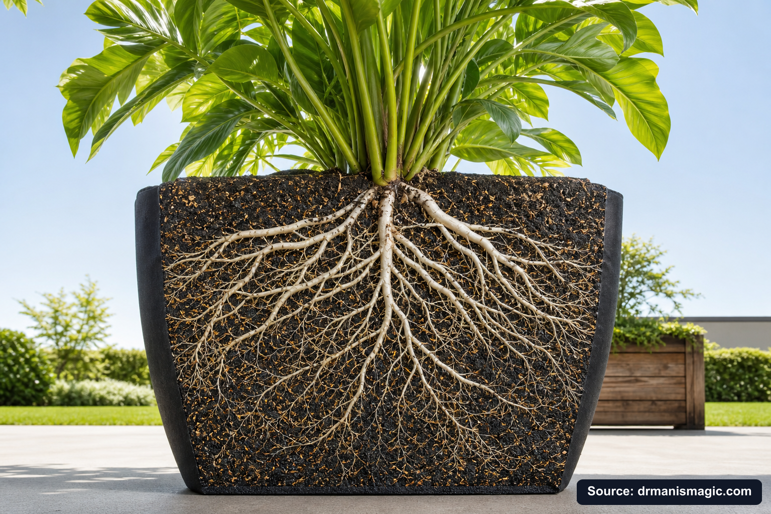 Cutaway of a container showing healthy white roots in airy mineral soil