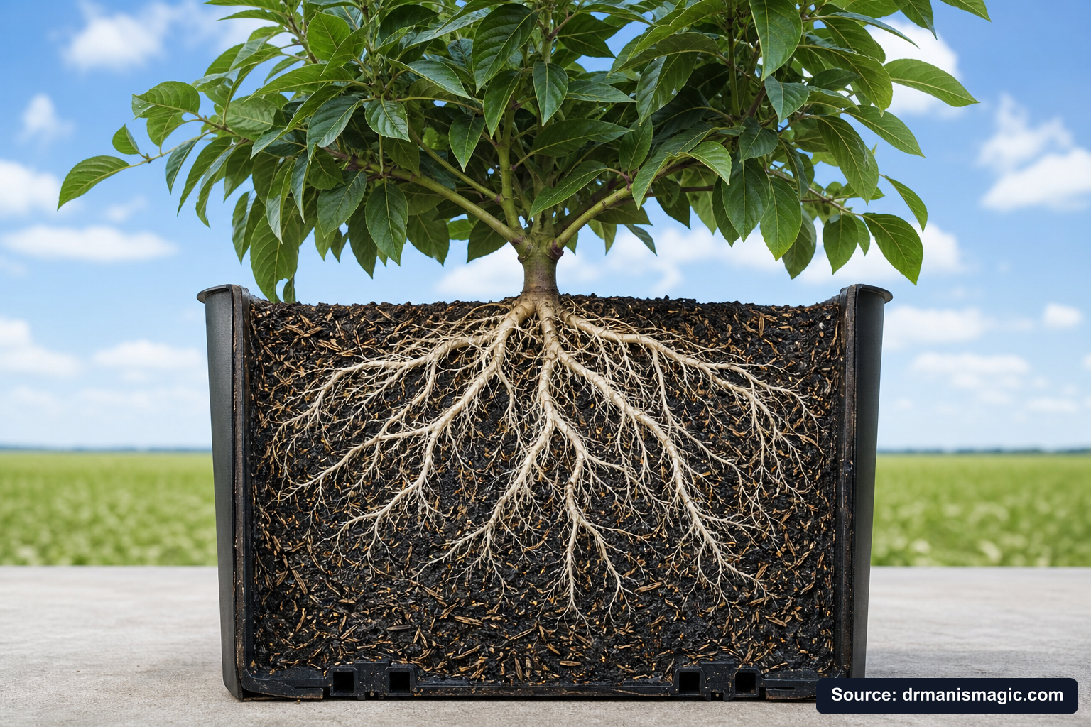 Cutaway of a container showing healthy white roots in airy mineral soil