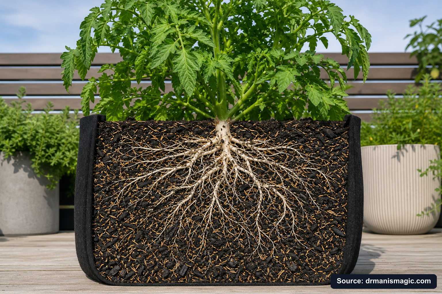 Cutaway of a container showing healthy white roots in airy mineral soil