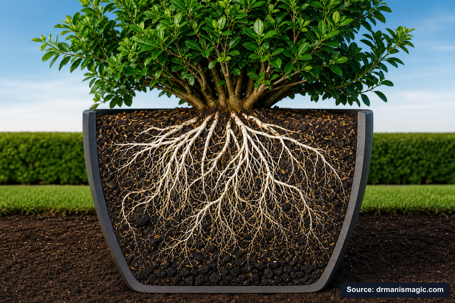 Cutaway of a container showing healthy white roots in airy mineral soil