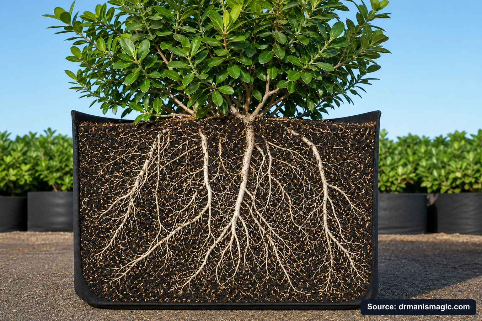 Cutaway of a container showing healthy white roots in airy mineral soil