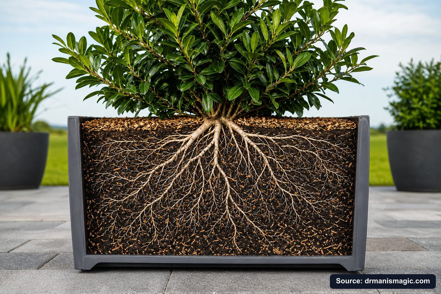 Cutaway of a container showing healthy white roots in airy mineral soil