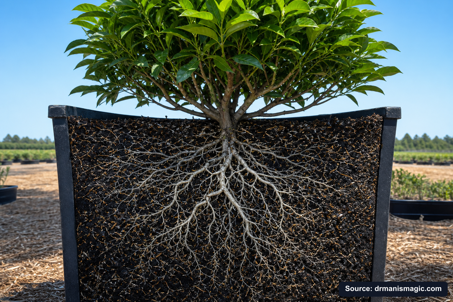 Cutaway of a container showing healthy white roots in airy mineral soil