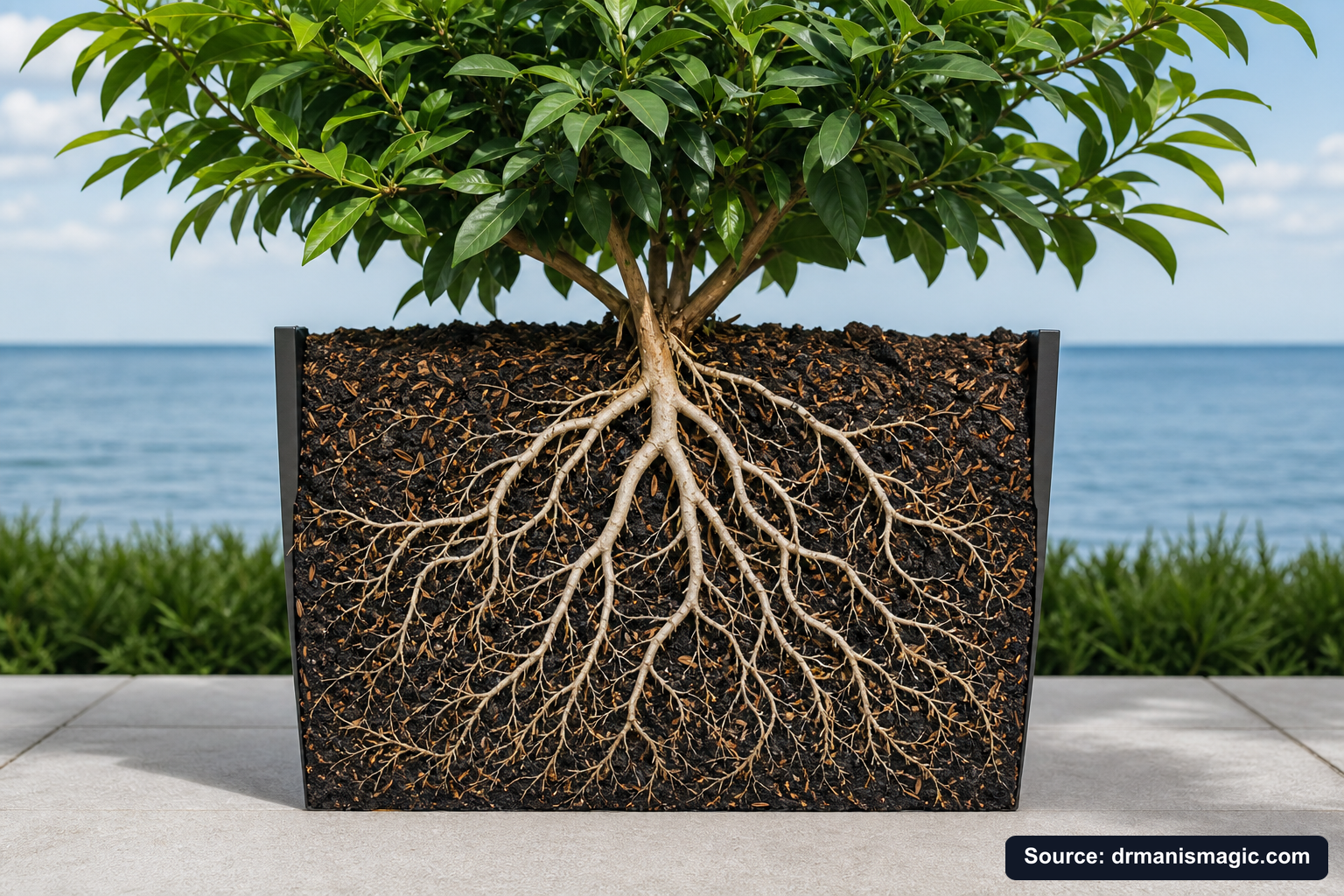 Cutaway of a container showing healthy white roots in airy mineral soil