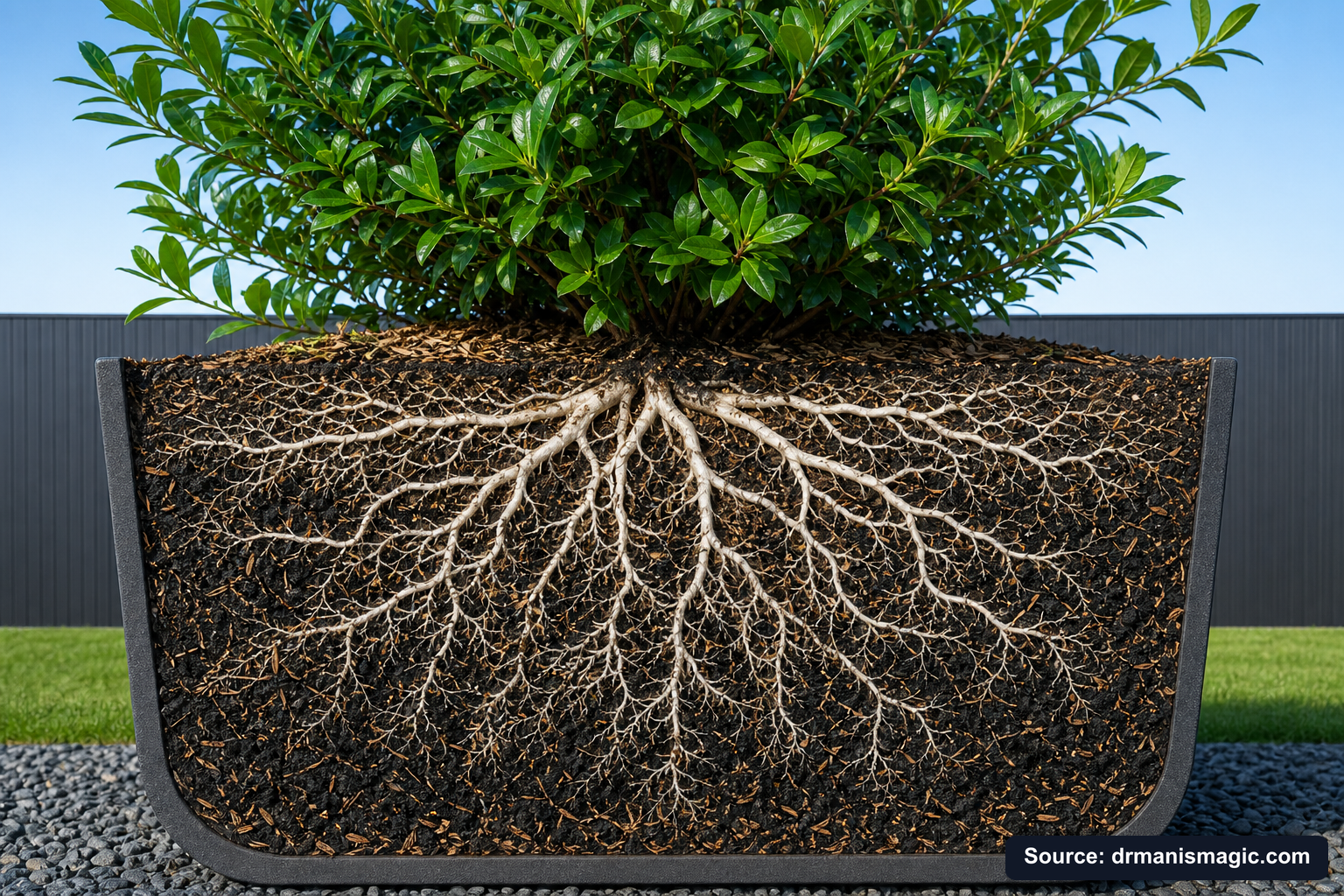 Cutaway of a container showing healthy white roots in airy mineral soil