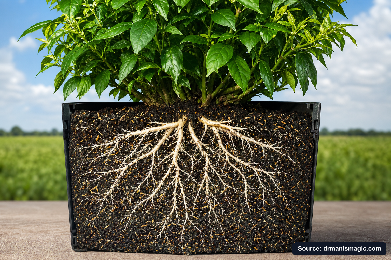 Cutaway of a container showing healthy white roots in airy mineral soil