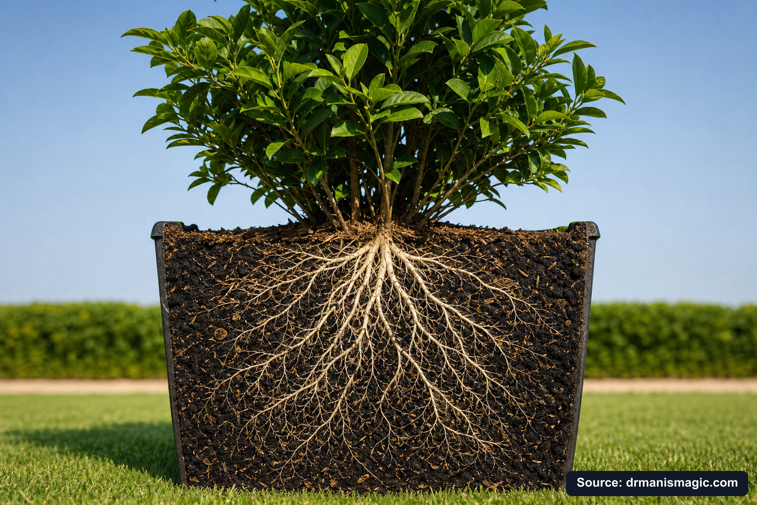 Cutaway of a container showing healthy white roots in airy mineral soil