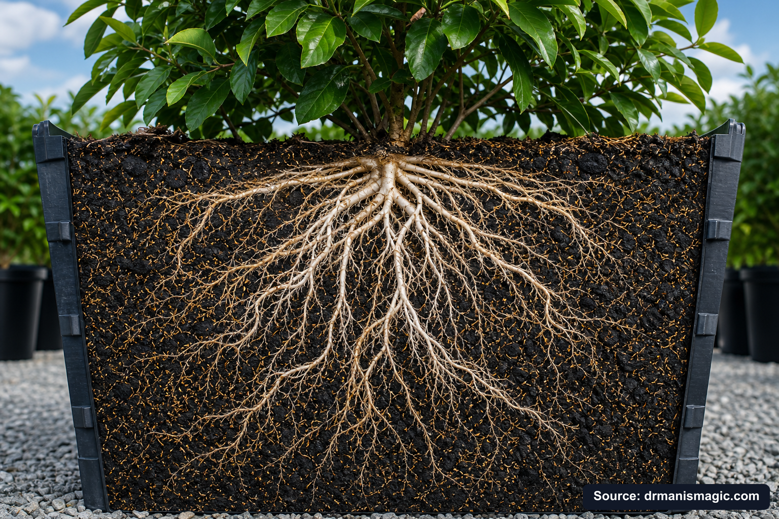 Cutaway of a container showing healthy white roots in airy mineral soil