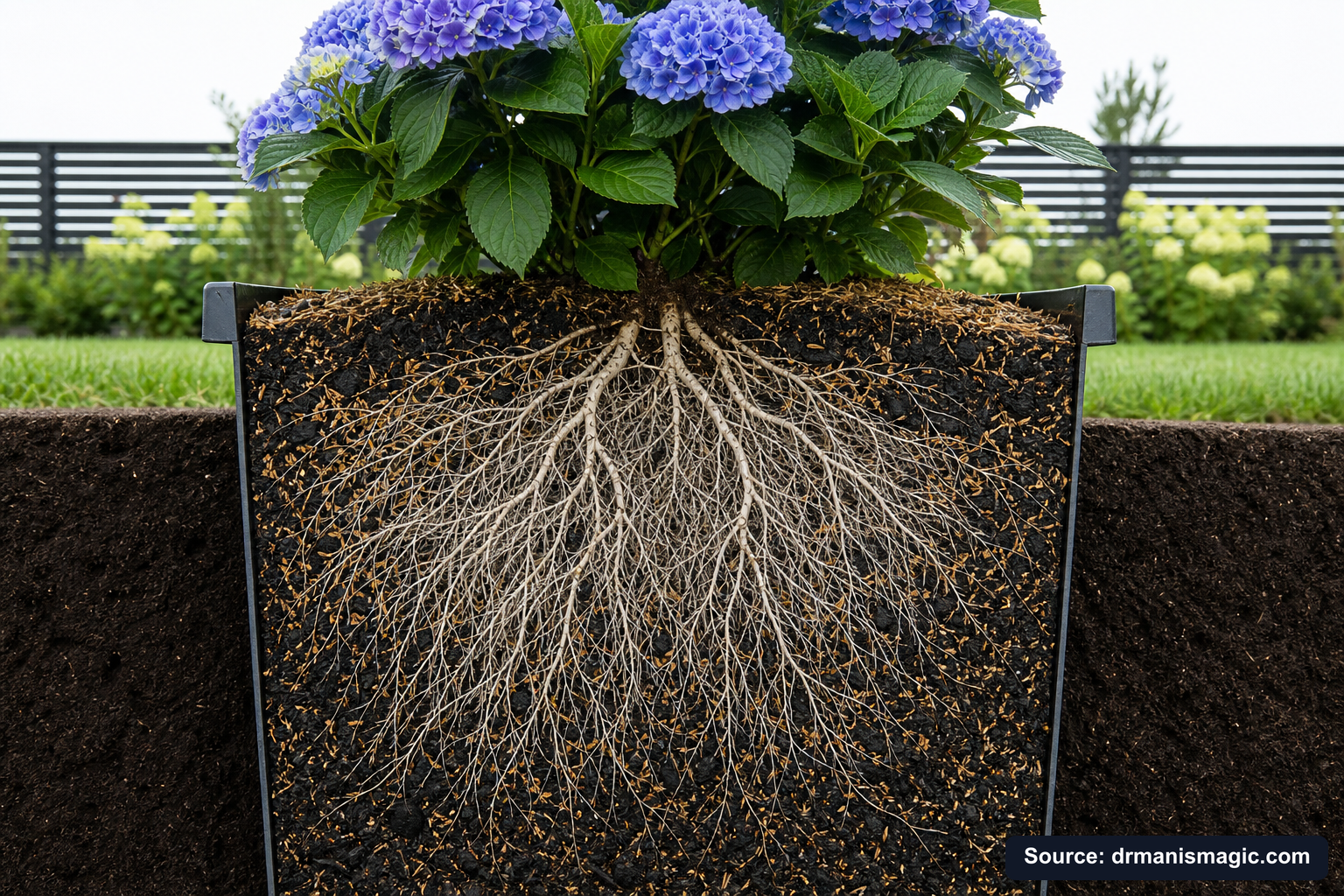 Cutaway of a container showing healthy white roots in airy mineral soil