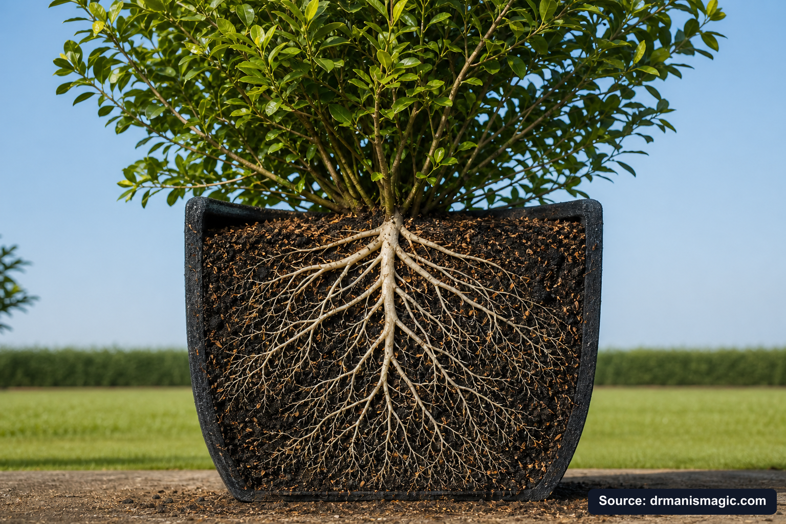 Cutaway of a container showing healthy white roots in airy mineral soil