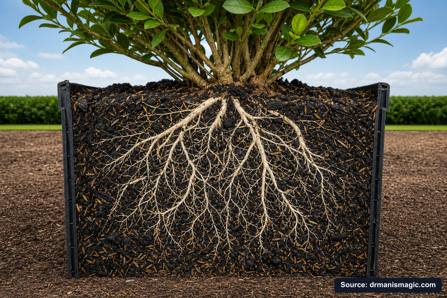 Cutaway of a container showing healthy white roots in airy mineral soil