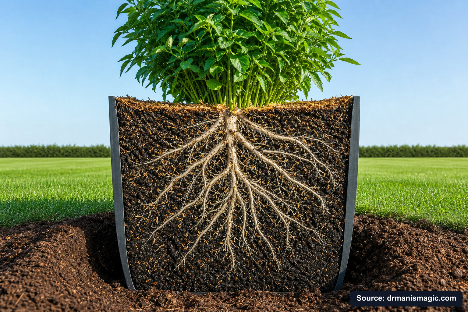 Cutaway of a container showing healthy white roots in airy mineral soil