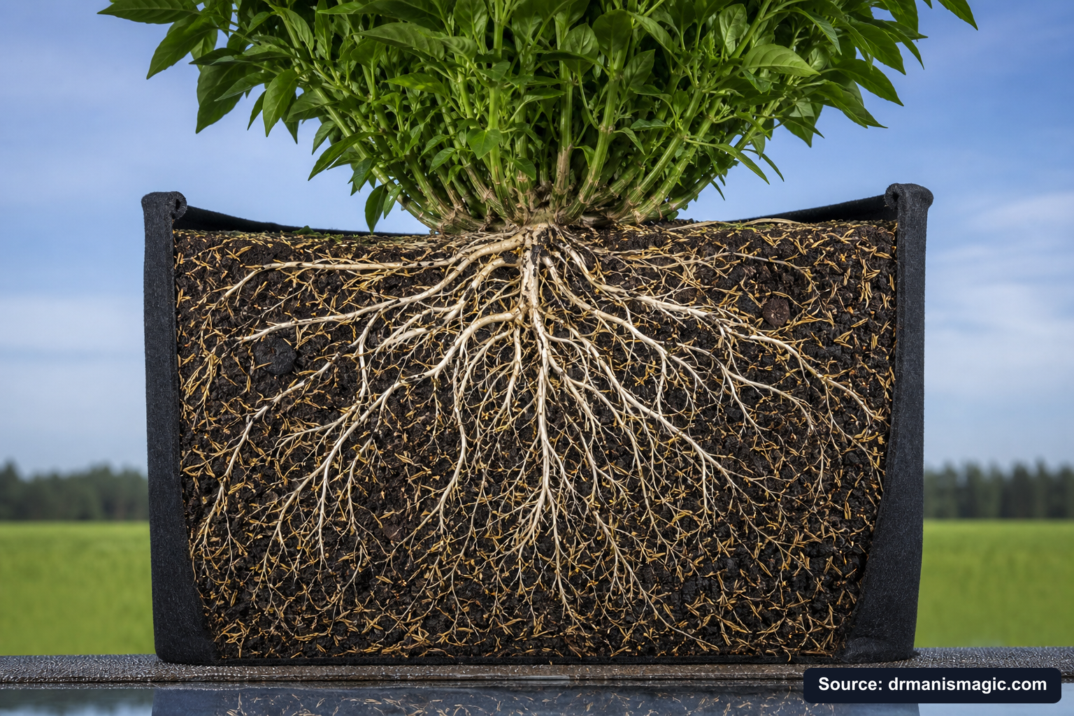 Cutaway of a container showing healthy white roots in airy mineral soil