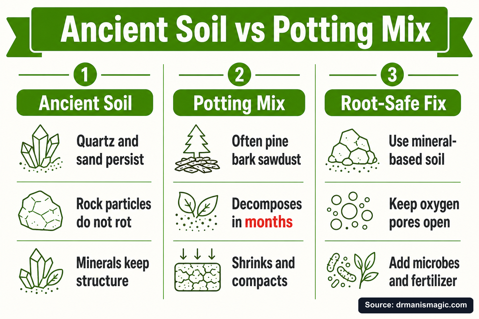 Ancient Soil vs Potting Mix infographic