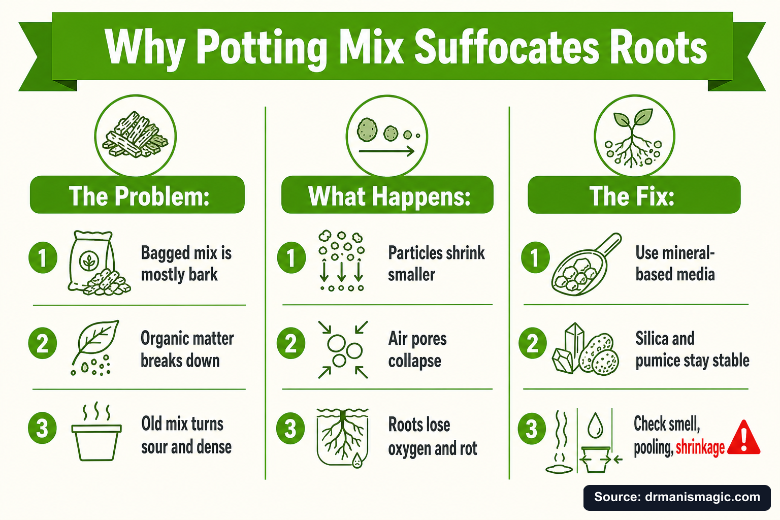 Why Potting Mix Suffocates Roots infographic