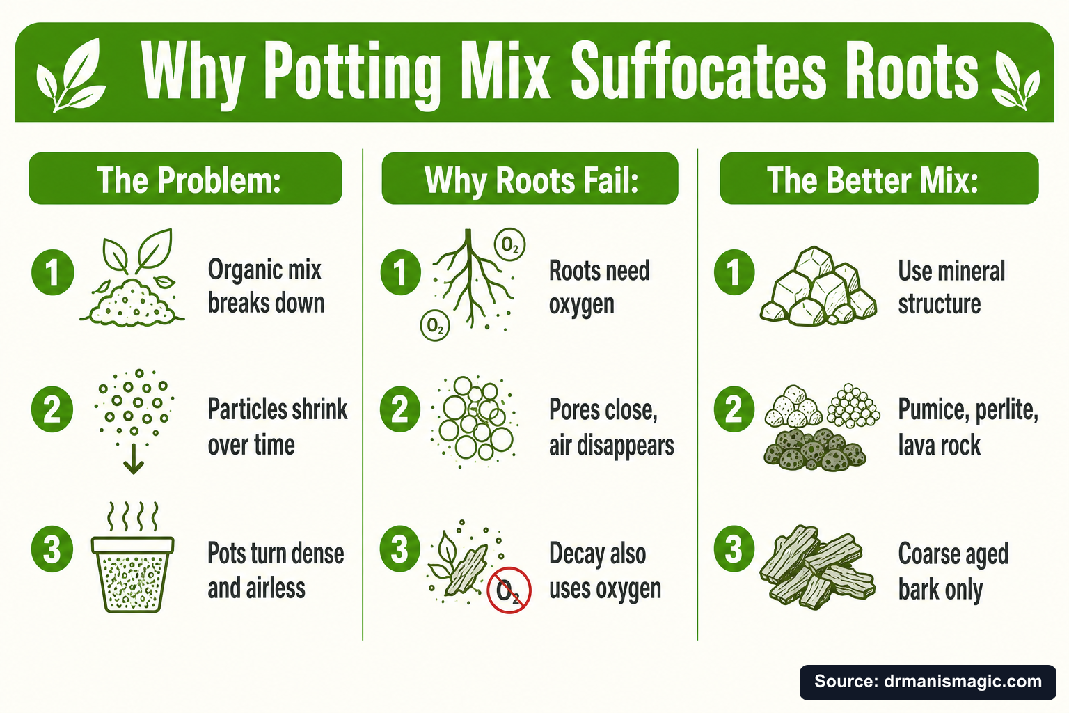 Why Potting Mix Suffocates Roots infographic