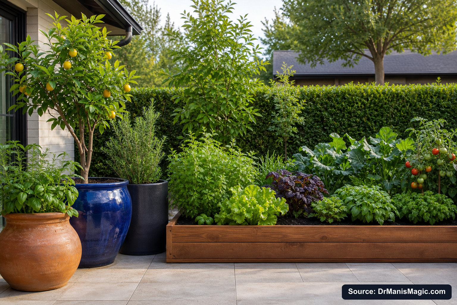 Thriving container plants and raised garden beds on a patio