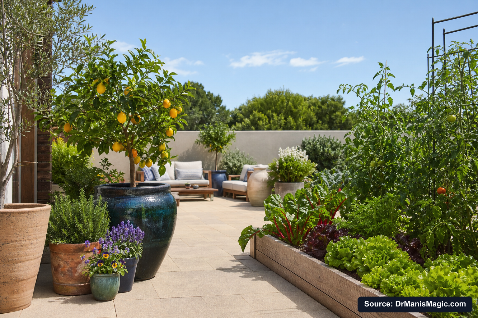 Thriving container plants and raised garden beds on a patio