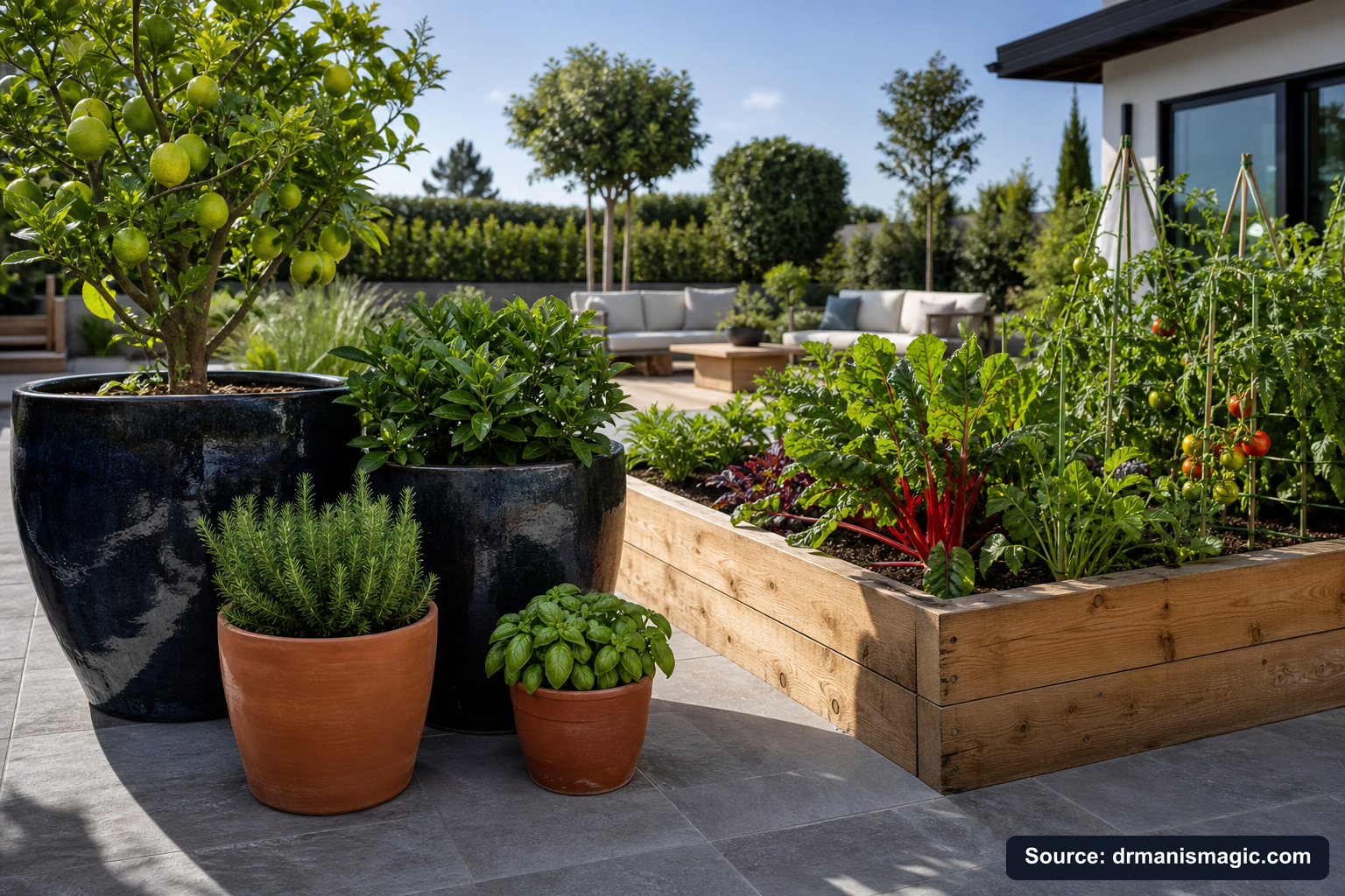 Thriving container plants and raised garden beds on a patio