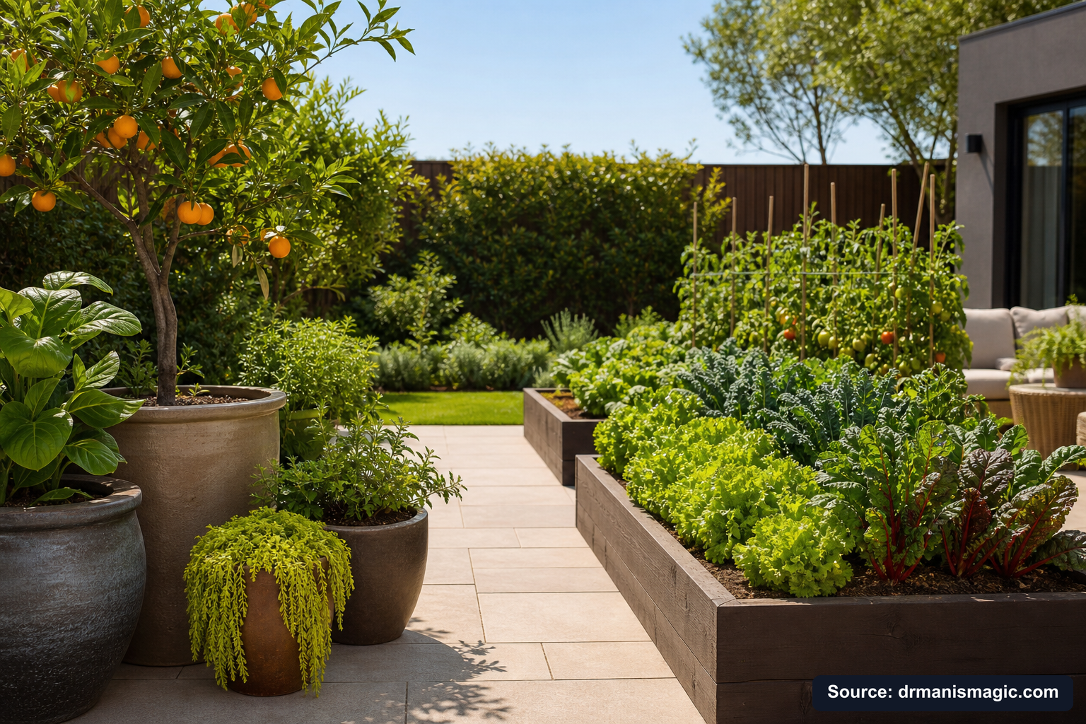Thriving container plants and raised garden beds on a patio