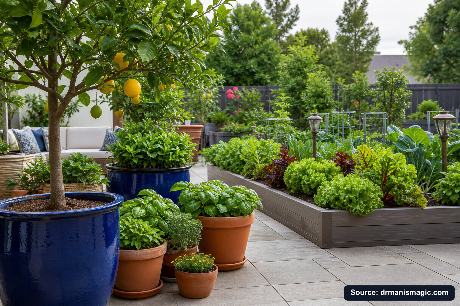 Thriving container plants and raised garden beds on a patio