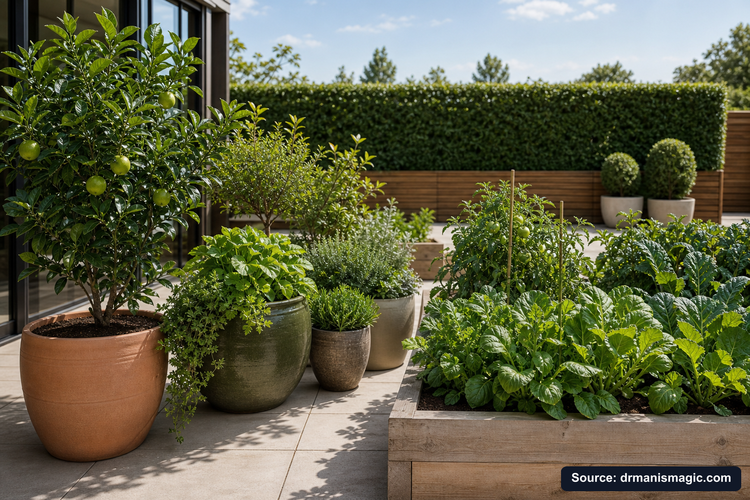 Thriving container plants and raised garden beds on a patio