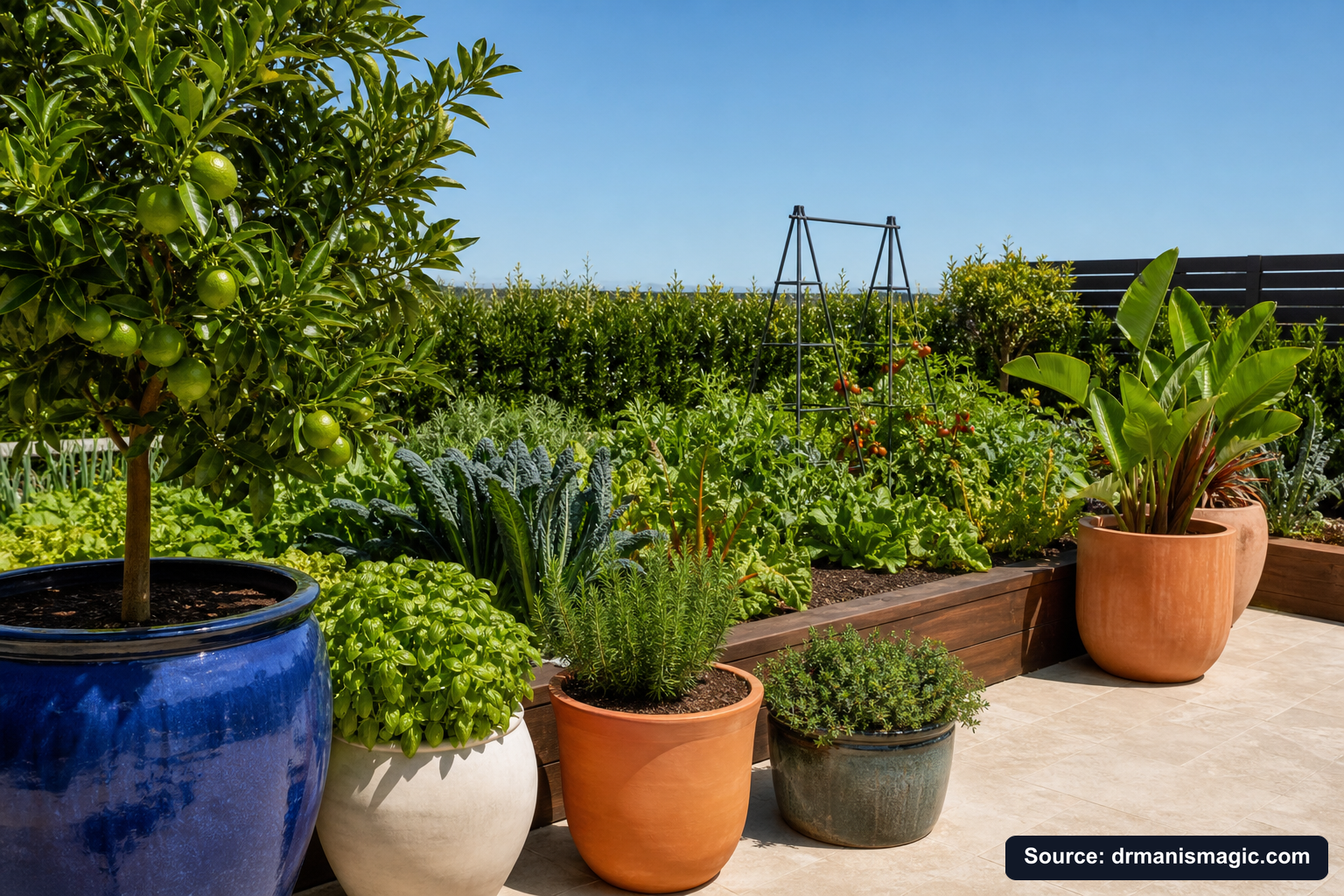 Thriving container plants and raised garden beds on a patio