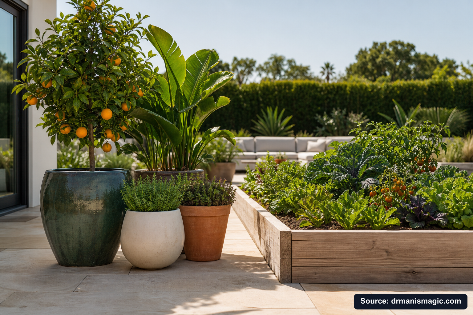Thriving container plants and raised garden beds on a patio