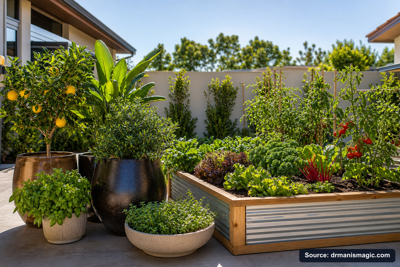 Thriving container plants and raised garden beds on a patio