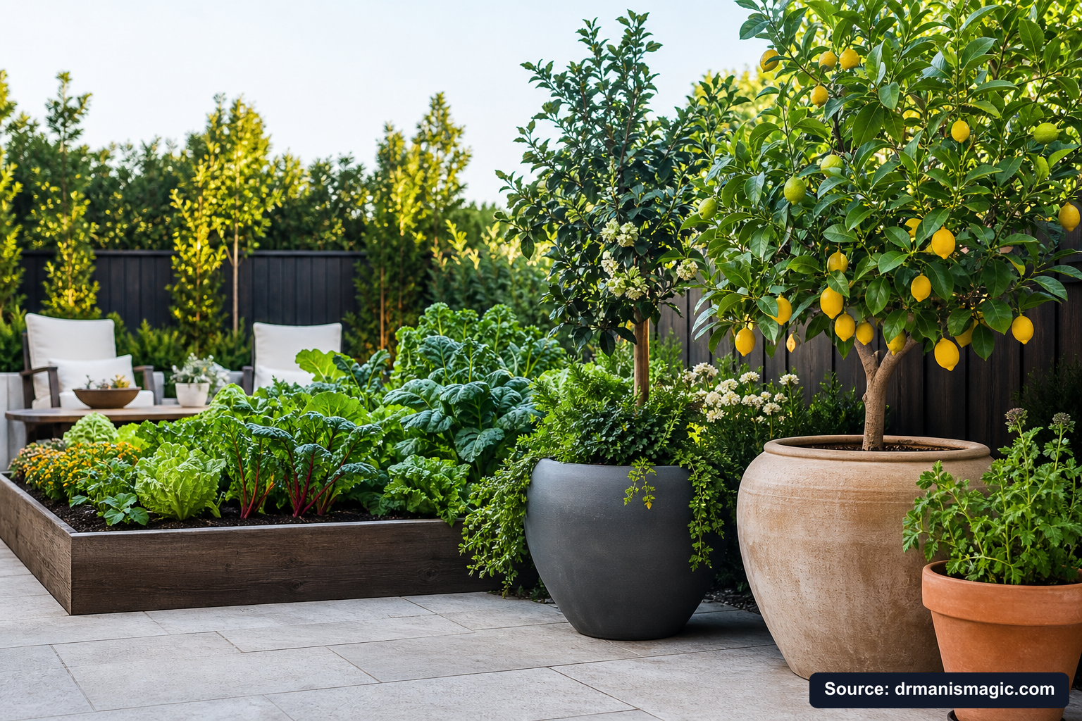 Thriving container plants and raised garden beds on a patio