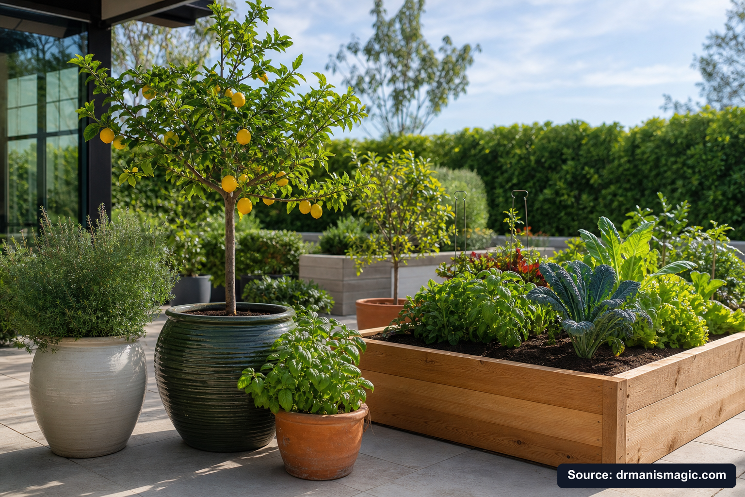Thriving container plants and raised garden beds on a patio