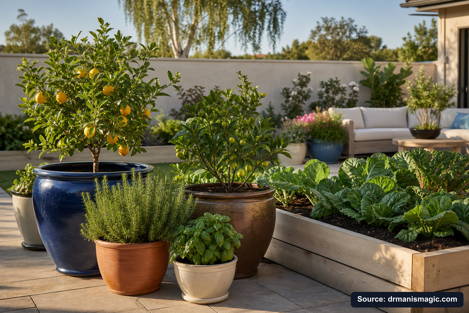 Thriving container plants and raised garden beds on a patio