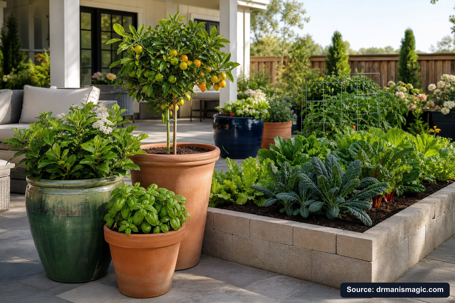 Thriving container plants and raised garden beds on a patio