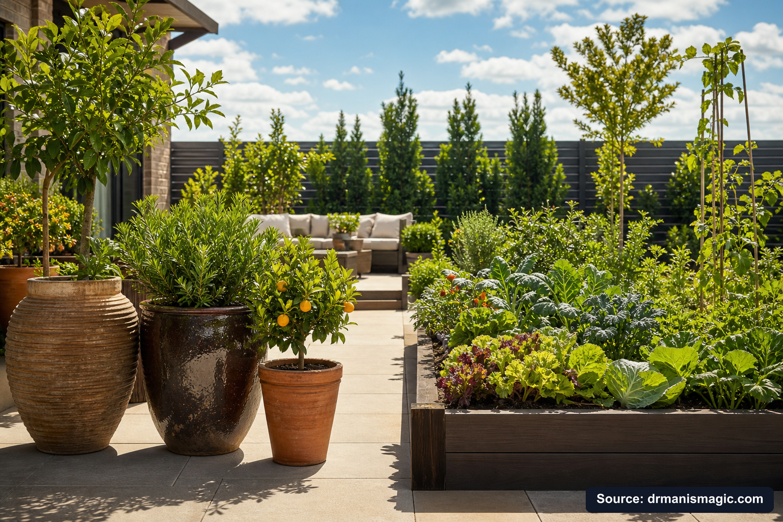 Thriving container plants and raised garden beds on a patio