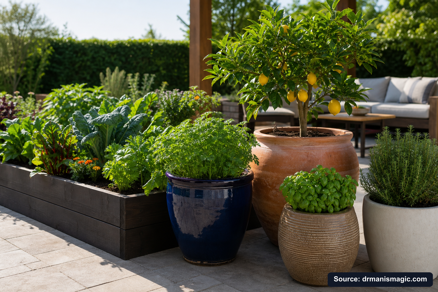 Thriving container plants and raised garden beds on a patio