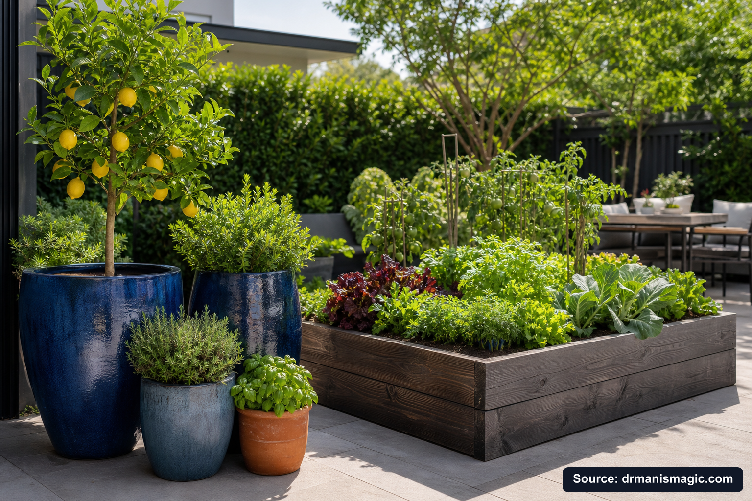 Thriving container plants and raised garden beds on a patio