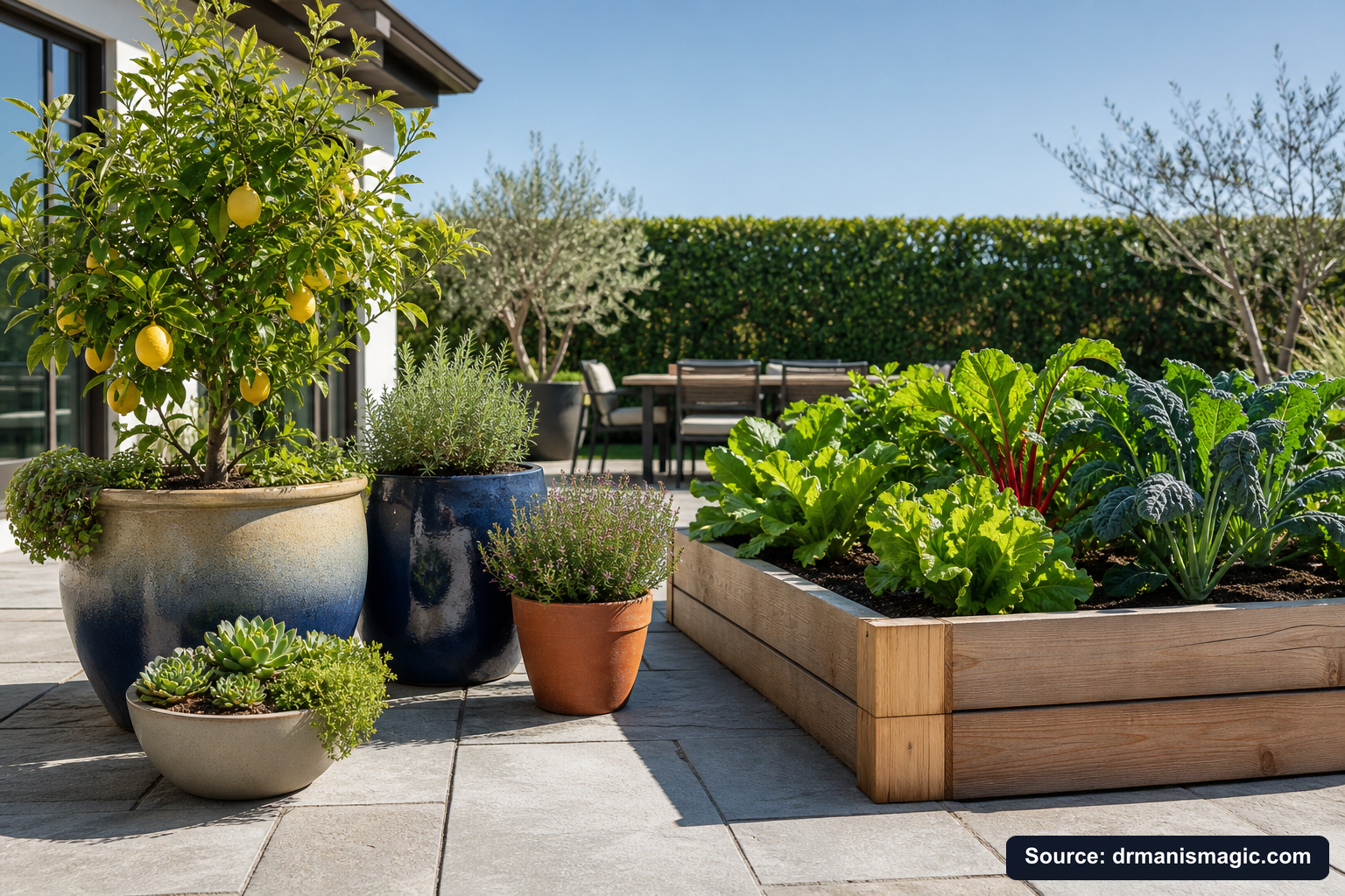 Thriving container plants and raised garden beds on a patio