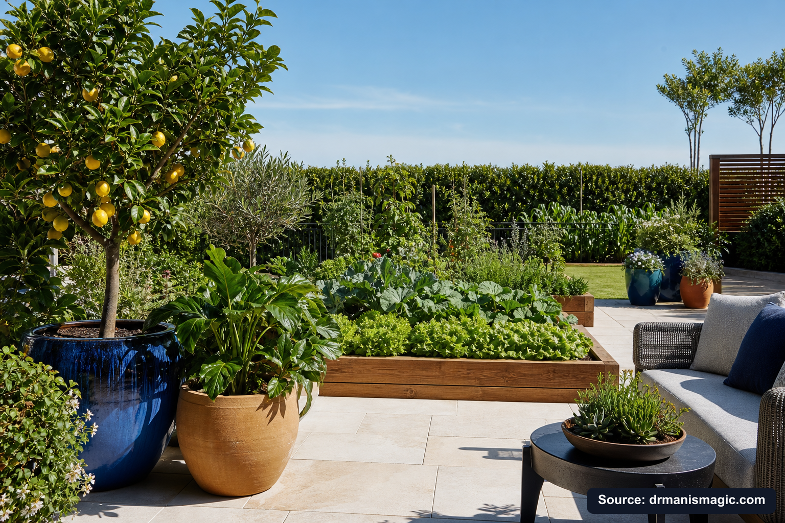 Thriving container plants and raised garden beds on a patio
