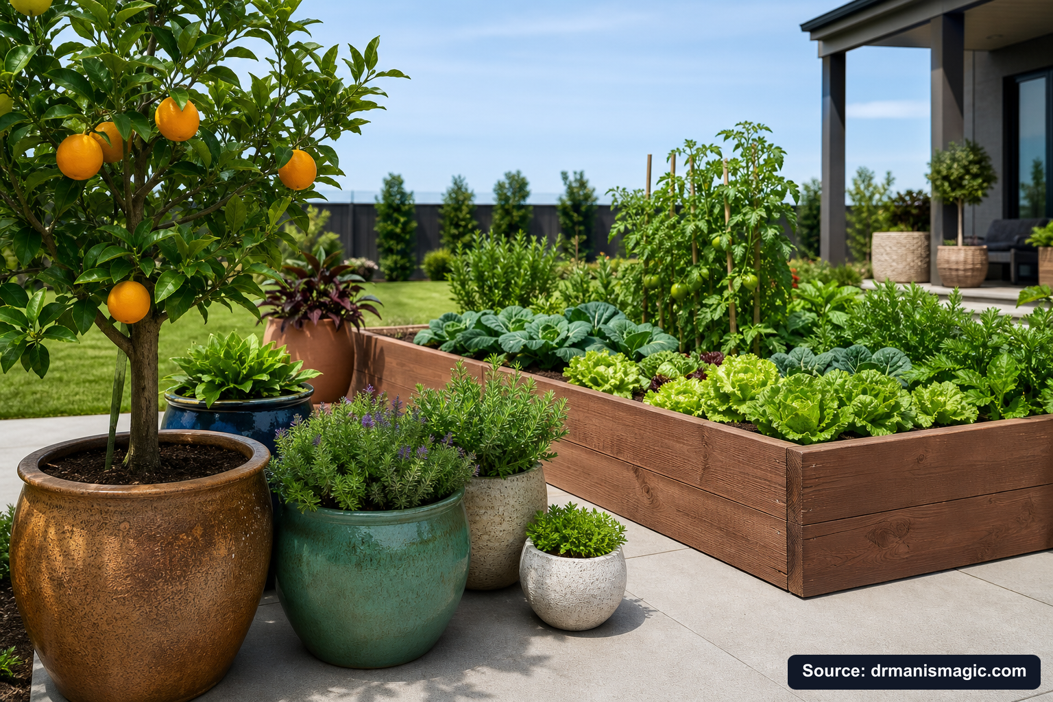 Thriving container plants and raised garden beds on a patio