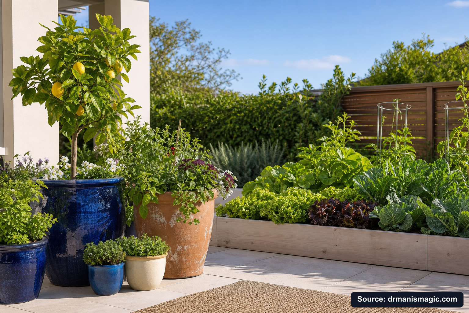 Thriving container plants and raised garden beds on a patio