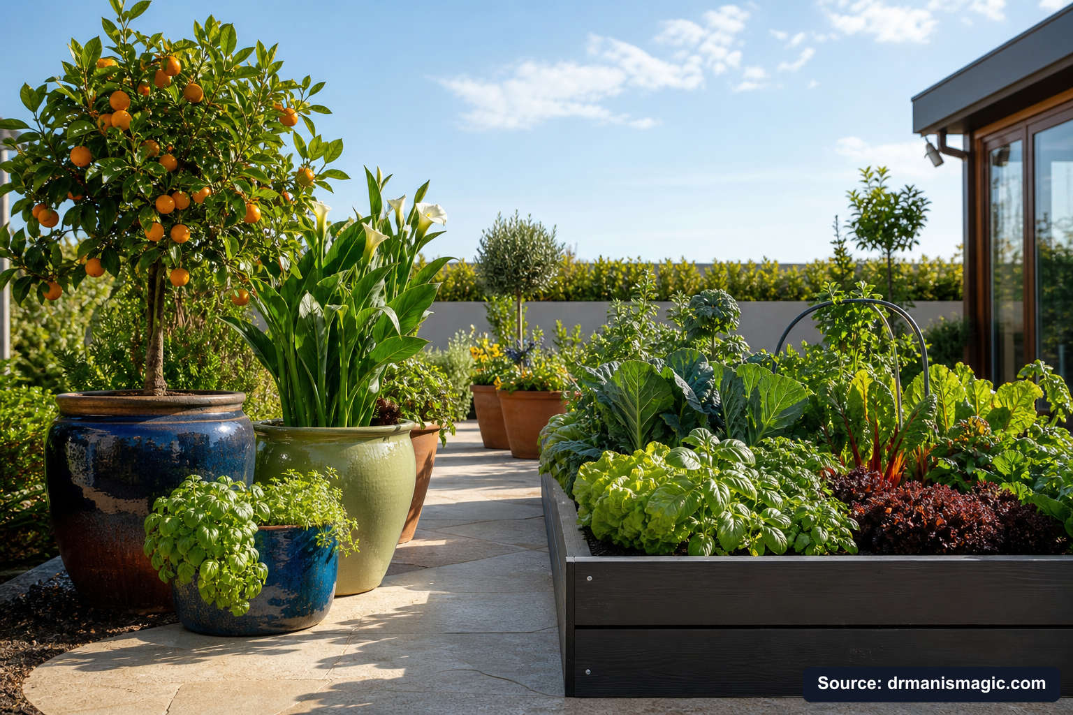 Thriving container plants and raised garden beds on a patio
