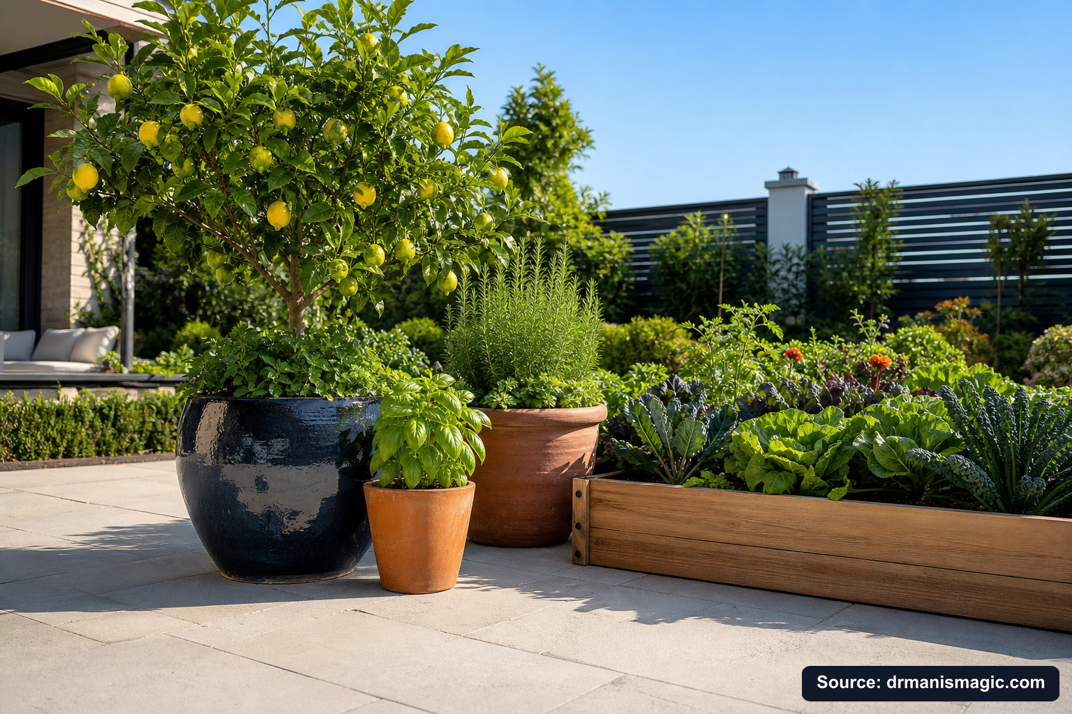 Thriving container plants and raised garden beds on a patio