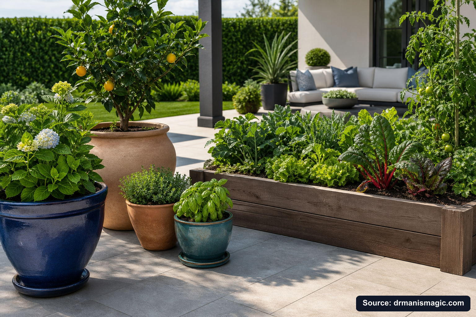 Thriving container plants and raised garden beds on a patio