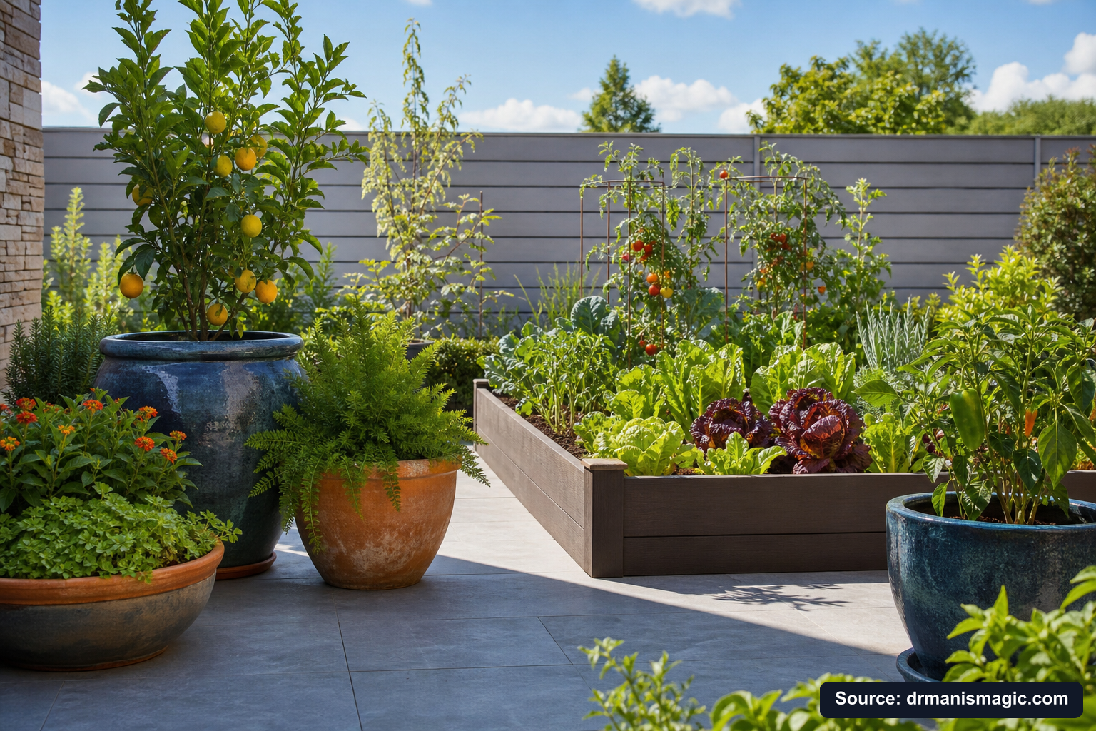 Thriving container plants and raised garden beds on a patio
